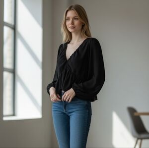 H&M Sheer Black Long-Sleeve V-Neck Peplum Blouse